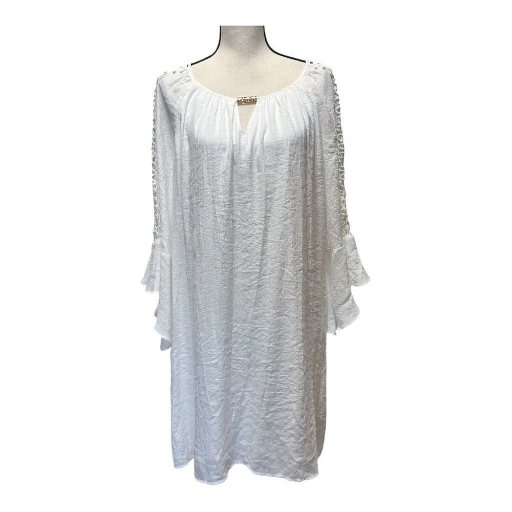 Indigo Rose Womens Dress White Bell Sleeve Mini Shift Boho Lattice Sleeve XL New - Picture 3 of 11